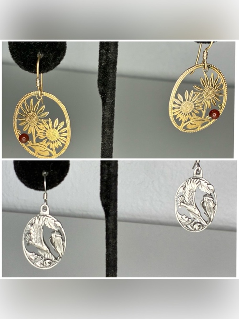 Lot of 2 Signed Dangling Earrings Diamond Cut Eagles & Golden Beaded Floral EUC